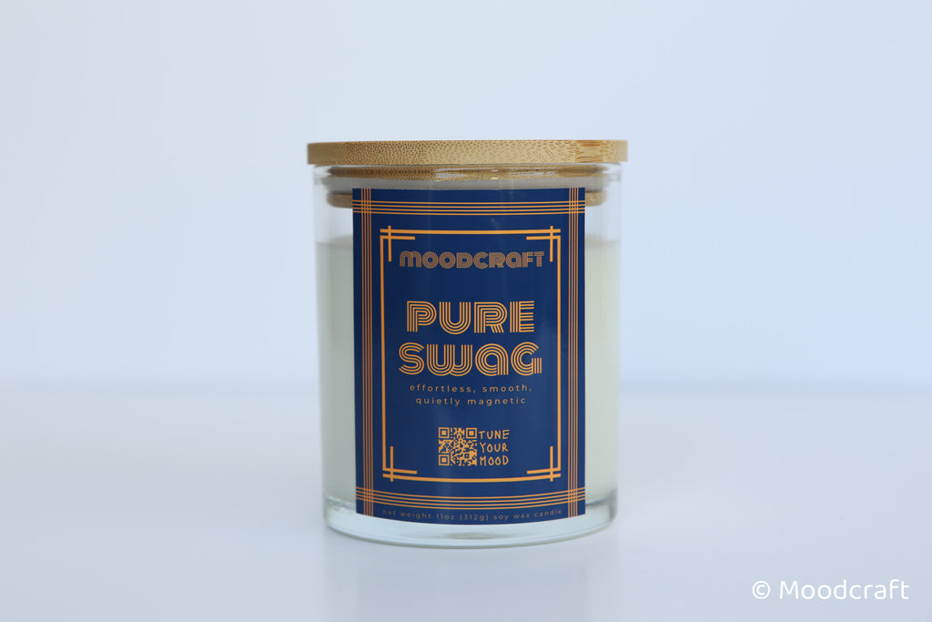 Moodcraft candle labeled 'Pure Swag' on a white background