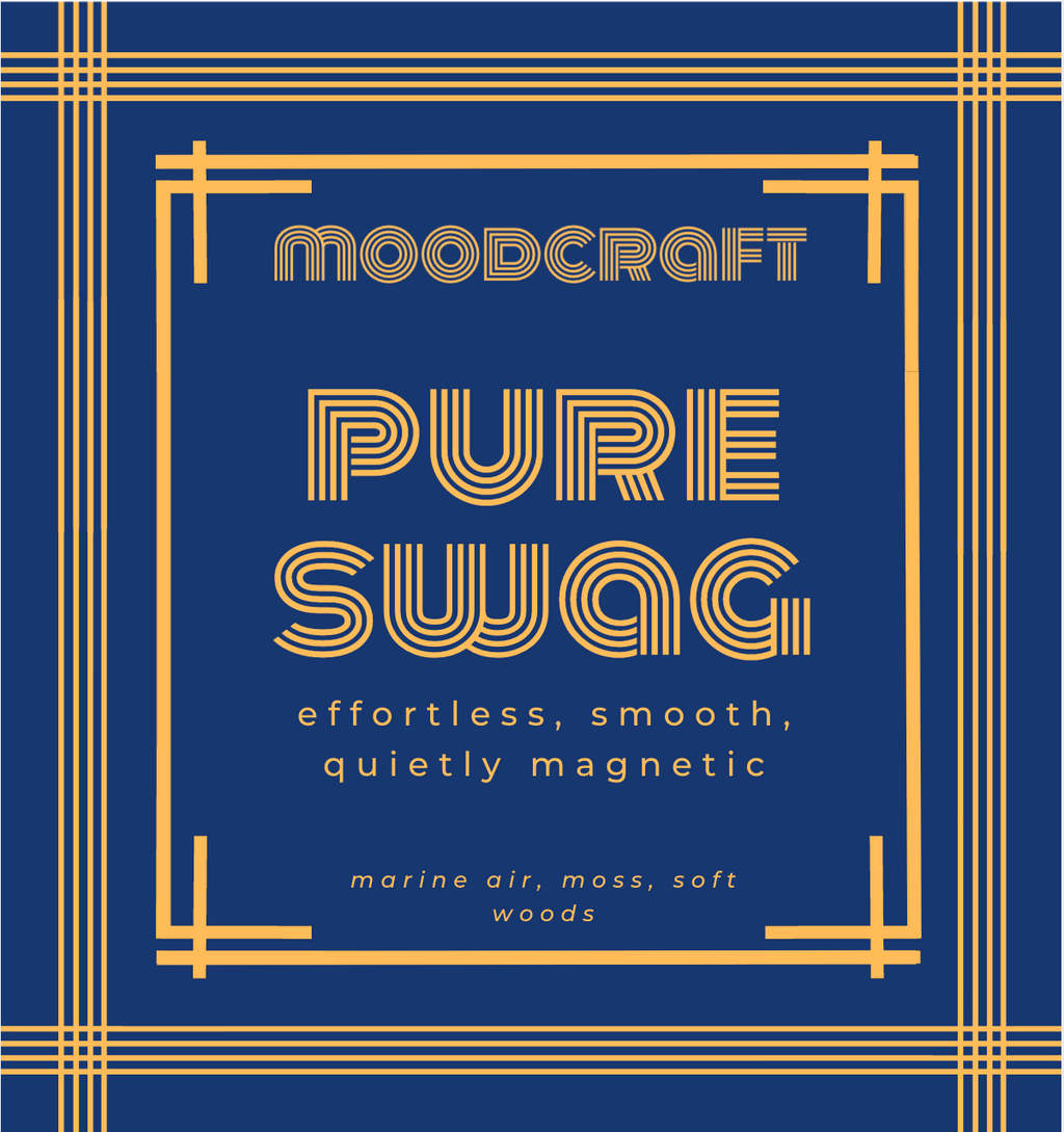 Moodcraft Pure Swag product packaging with gold text on a blue background