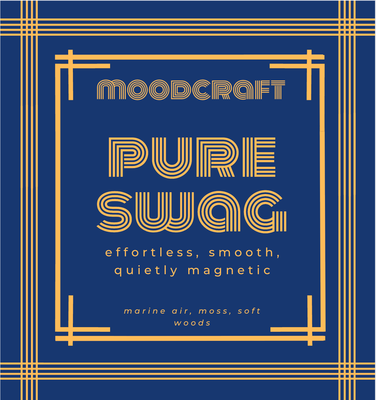 Moodcraft Pure Swag product packaging with gold text on a blue background