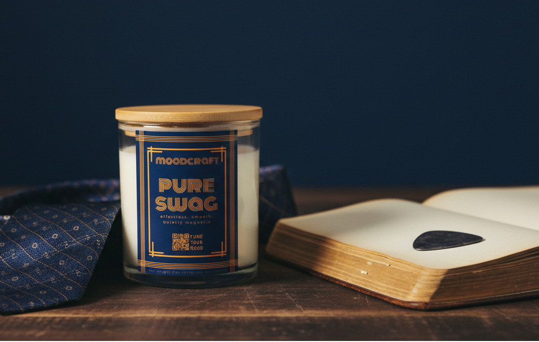 Moodcraft Pure Swag candle on a wooden surface with a dark background