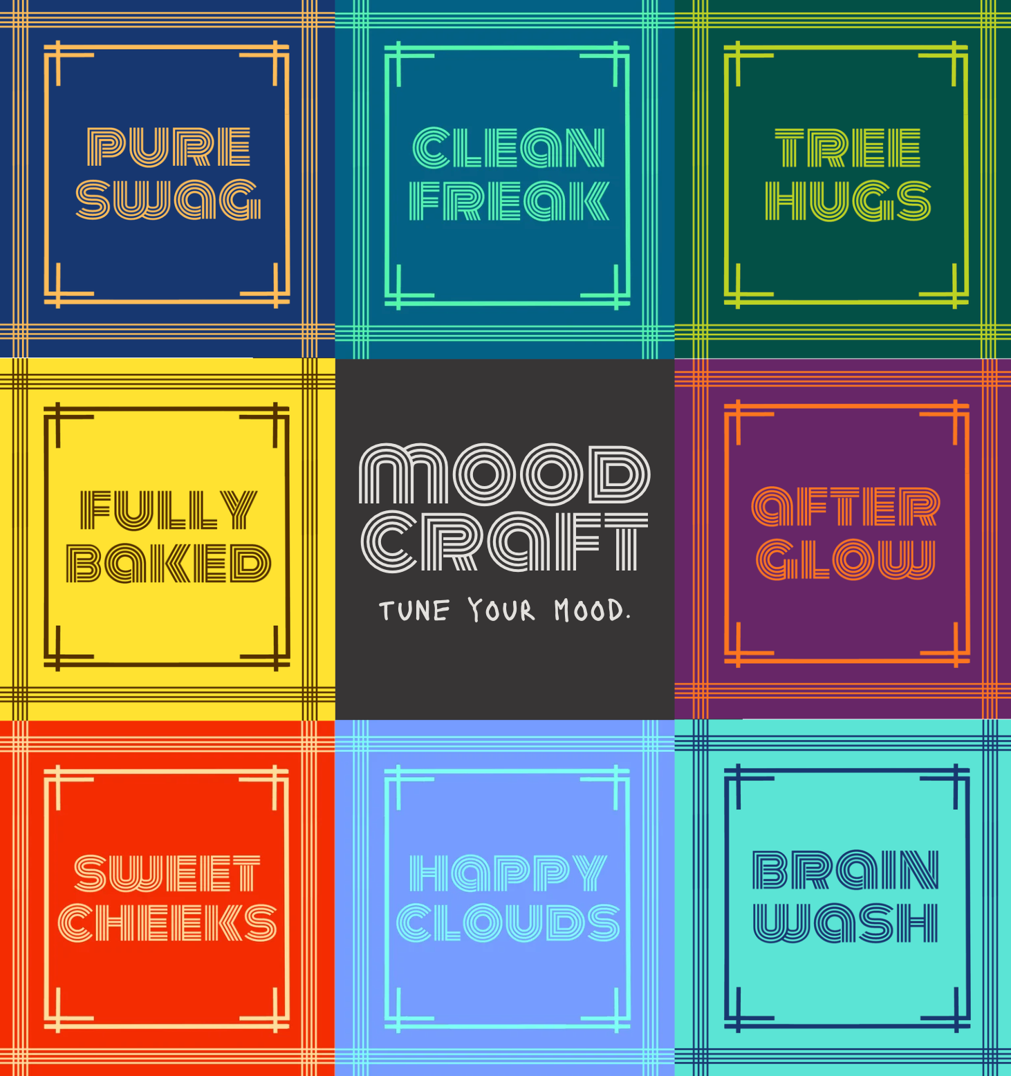 Colorful grid of scent names in various frames on a multicolored background