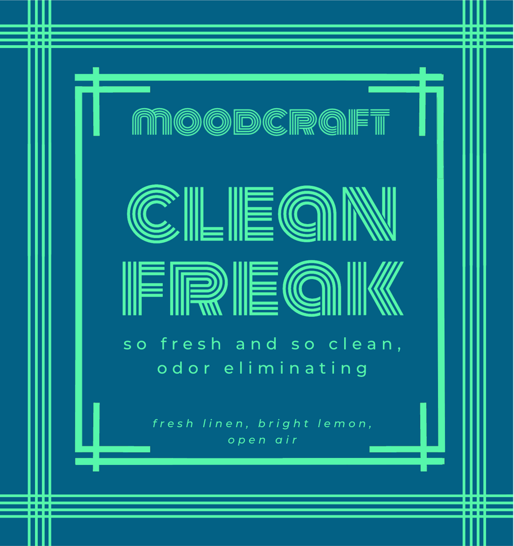 Moodcraft Clean Freak product packaging with text on a blue background