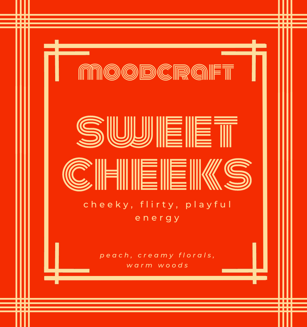 Moodcraft Sweet Cheeks fragrance description on a red background