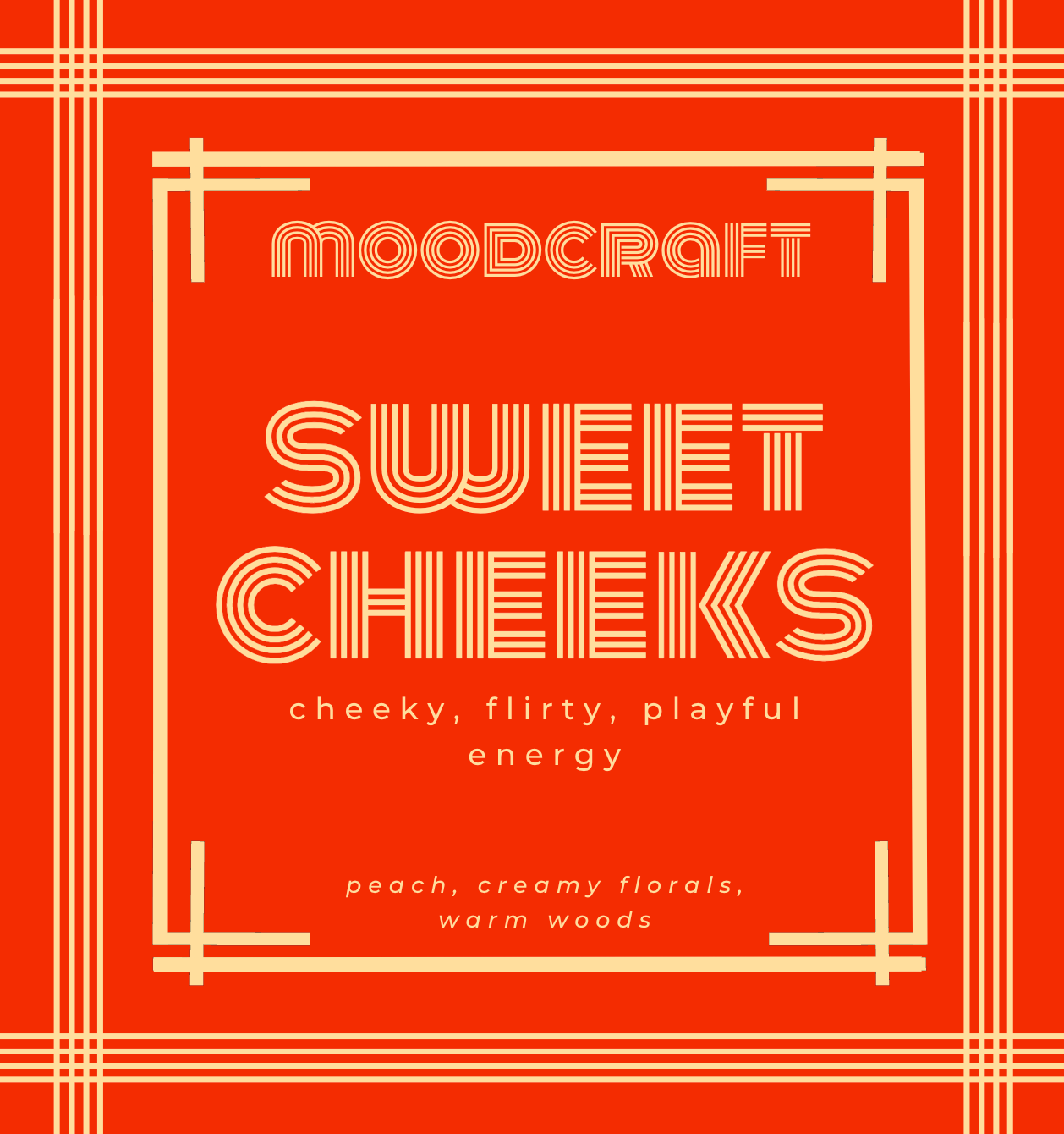 Moodcraft Sweet Cheeks fragrance description on a red background