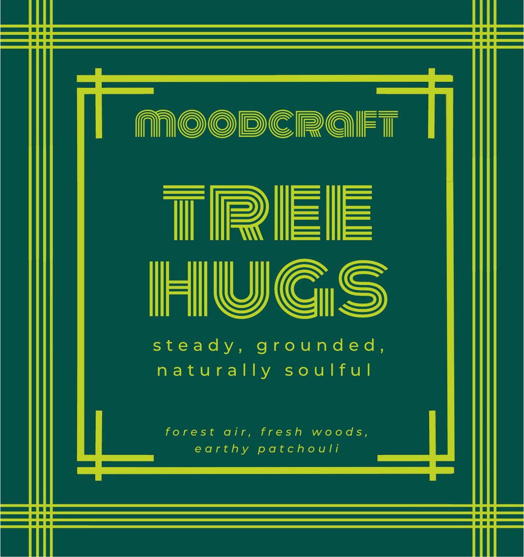 Moodcraft Tree Hugs product packaging with green and yellow design on a dark green background.