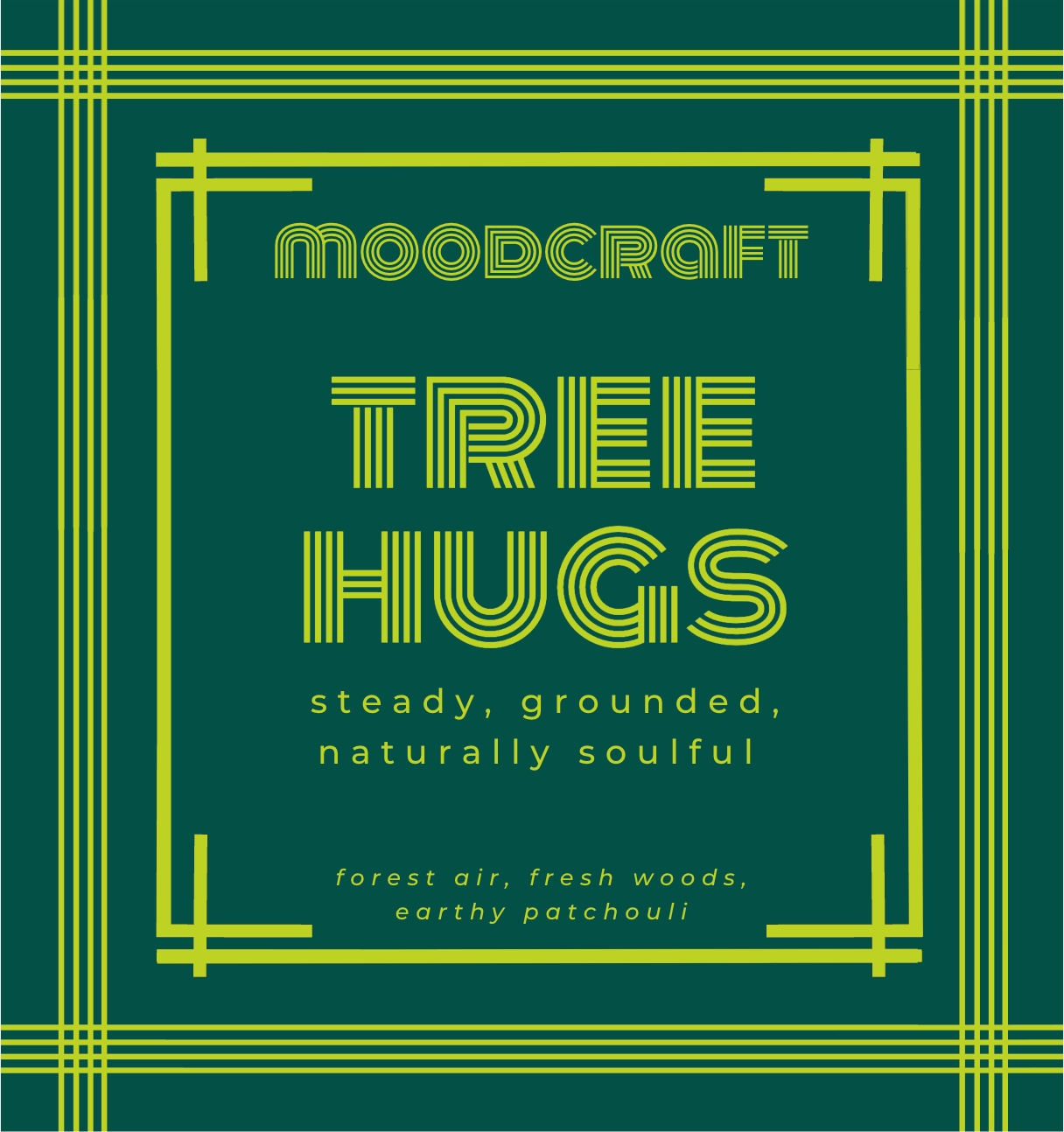 Moodcraft Tree Hugs product packaging with green and yellow design on a dark green background.