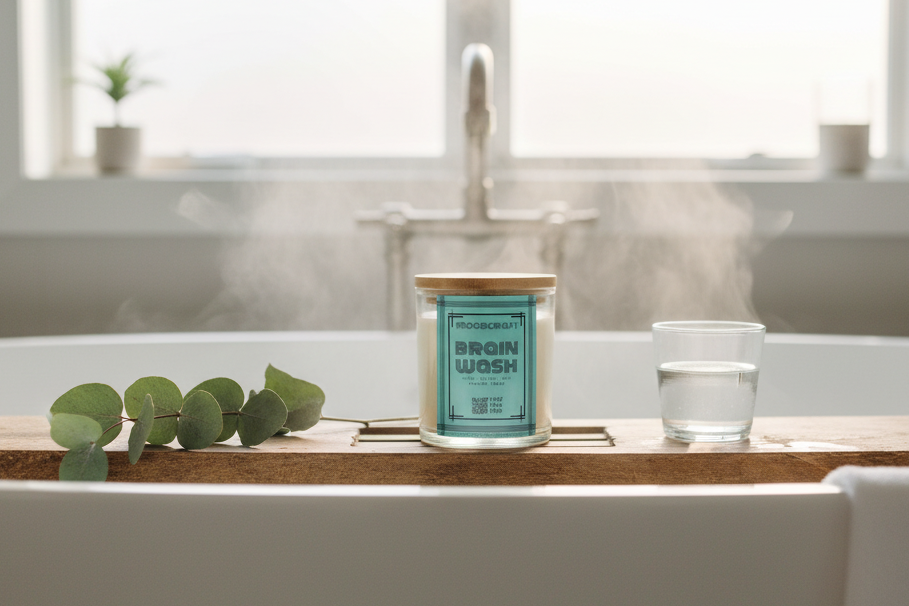Candle labeled 'Brain Wash' on a windowsill with steam and plants in the background